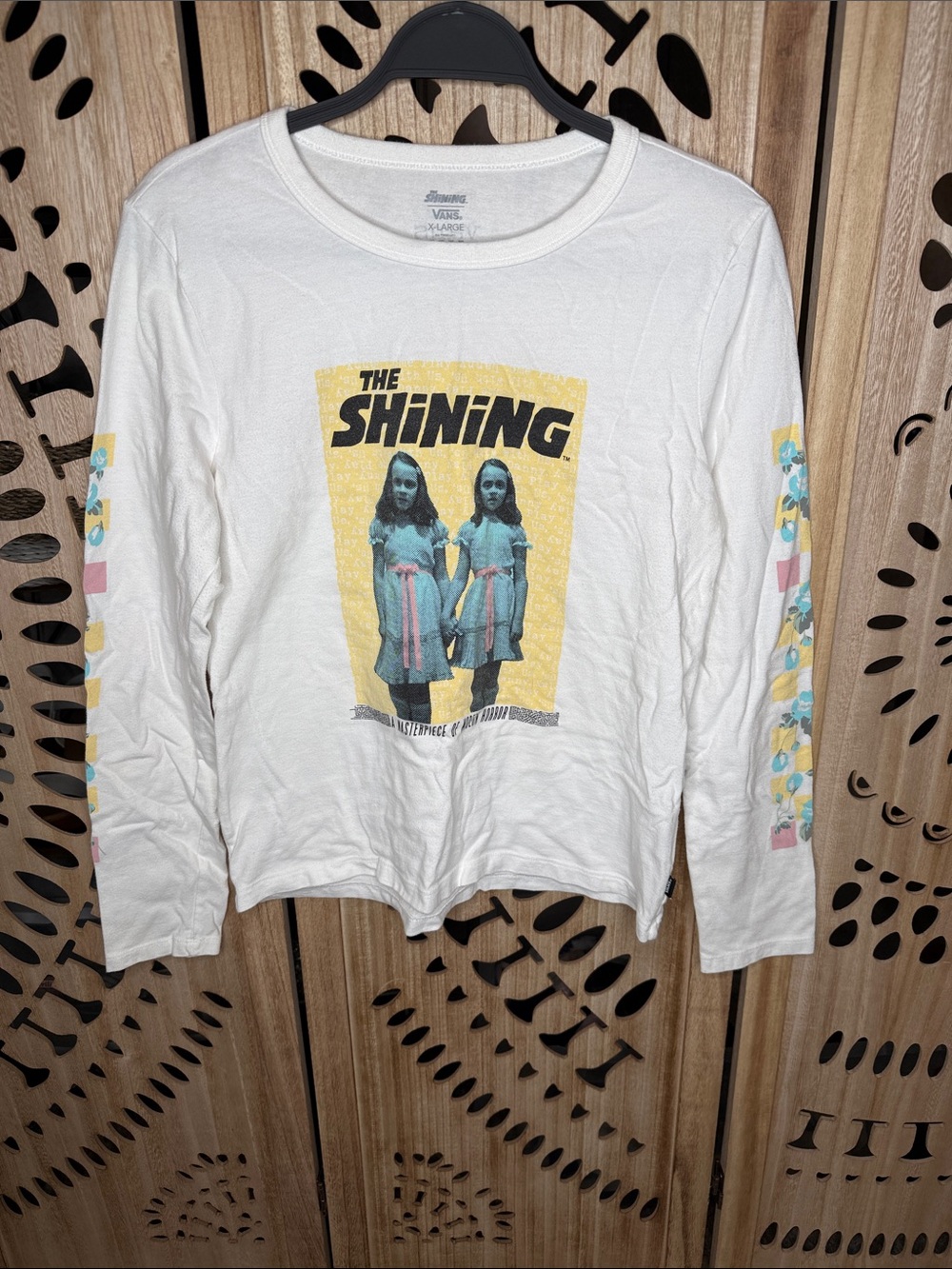 Vans White Long Sleeve 'The Shining' Graphic Tee with Yellow and Blue Print